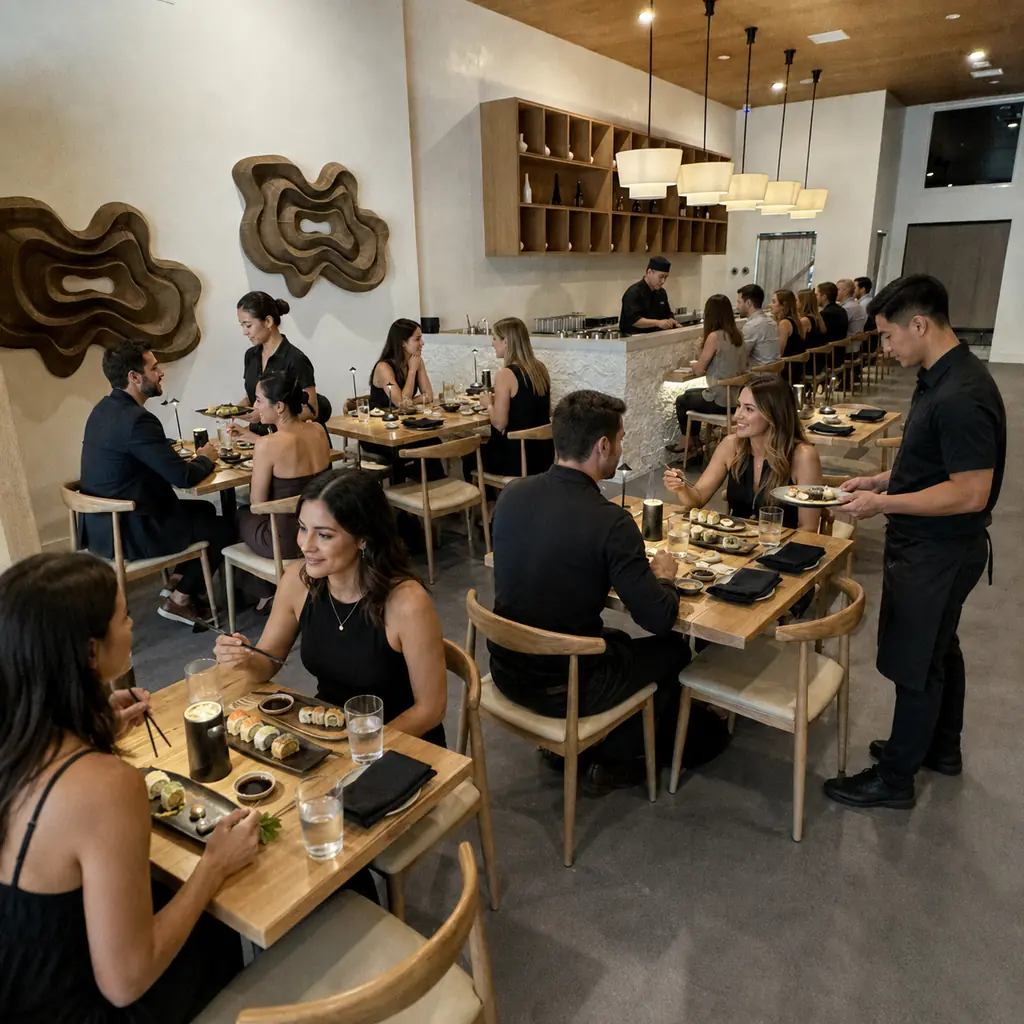 White-oak walls and warm neutral finishes inside Mizumi