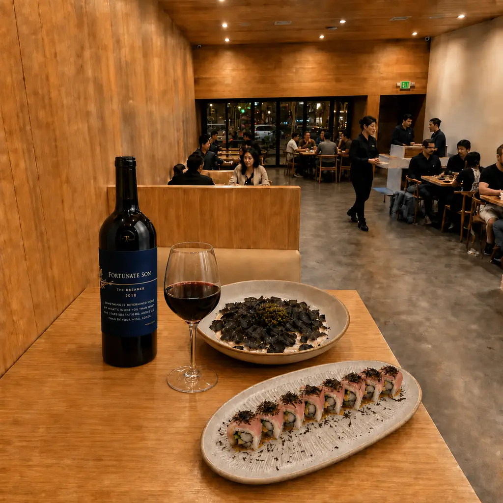 Sushi presented against Mizumi's oak and neutral interior palette