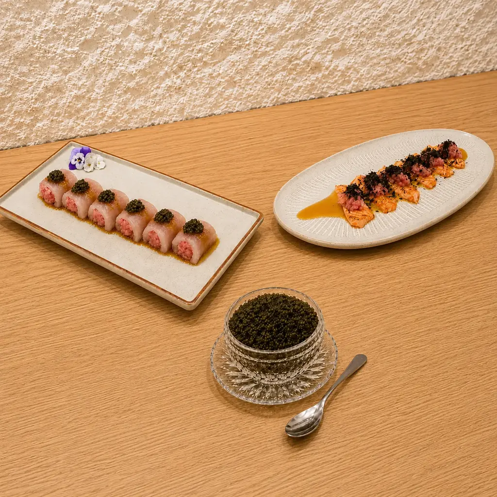 Nigiri and sashimi balanced with caviar, uni and fresh wasabi